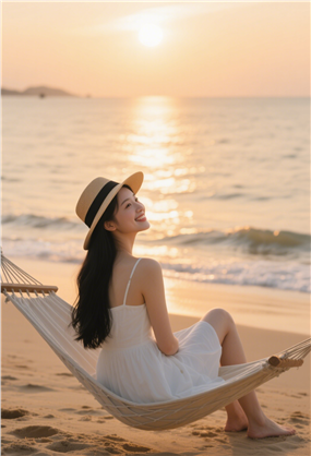 黄昏沙滩惬意时光美女摄影图片